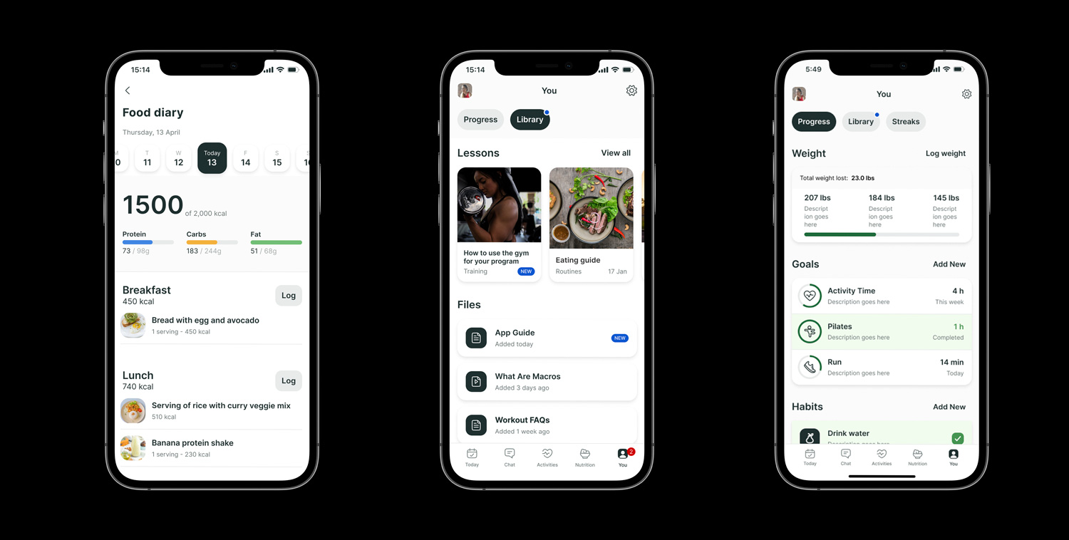 A mockup of the coaching app showcasing the different features.
